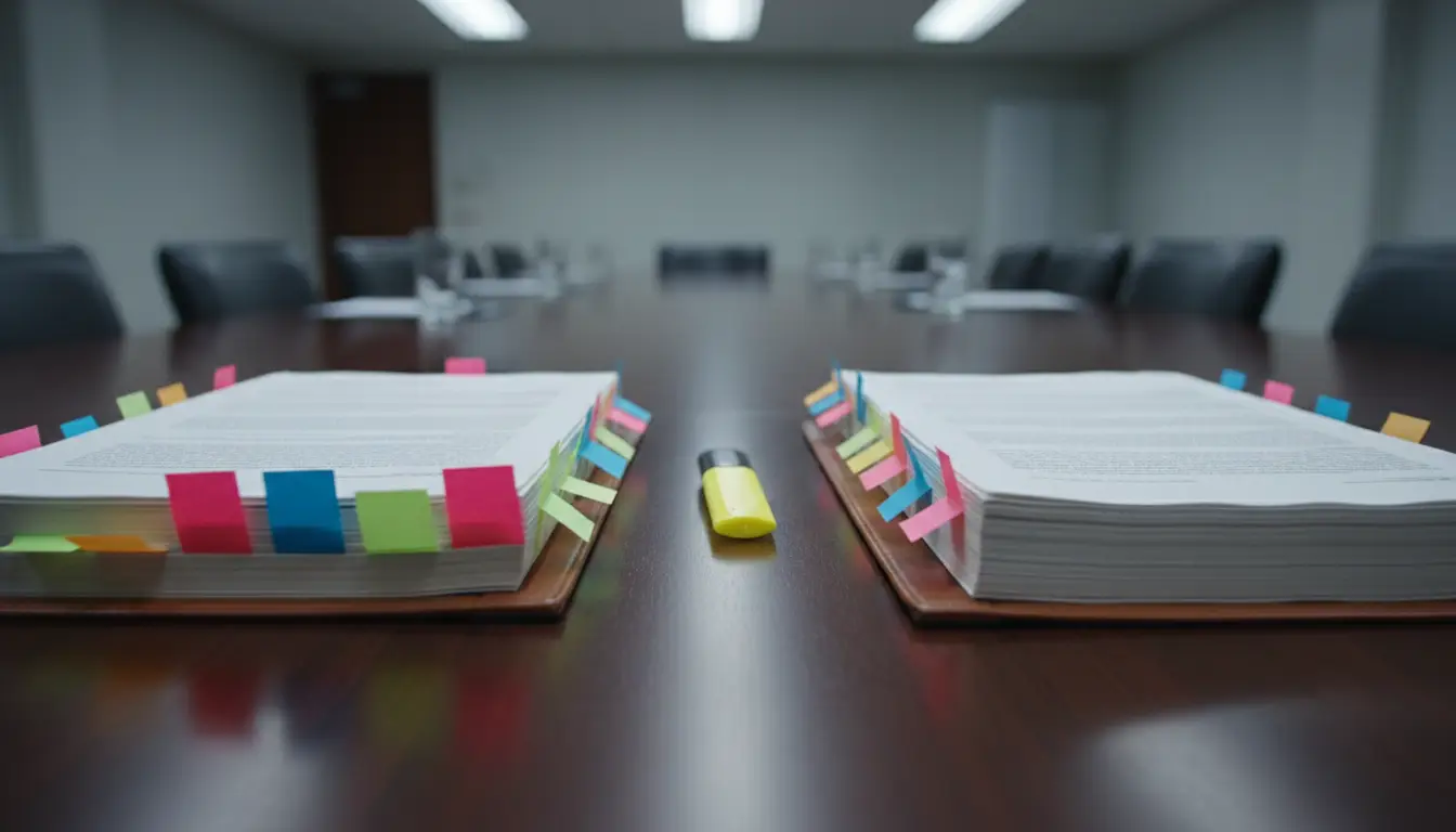 Two bound contract copies bristling with coloured tabs and a highlighter on a dark table
