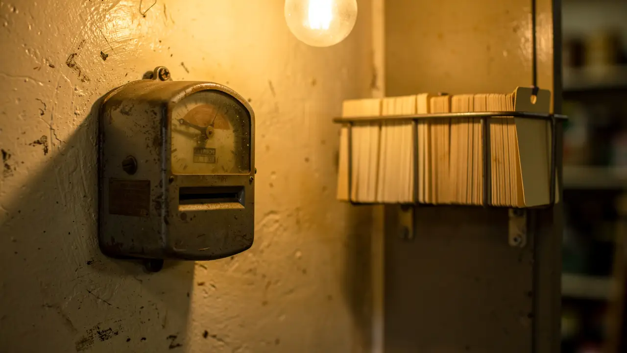 A vintage punch time clock and a rack of blank time cards on a painted wall