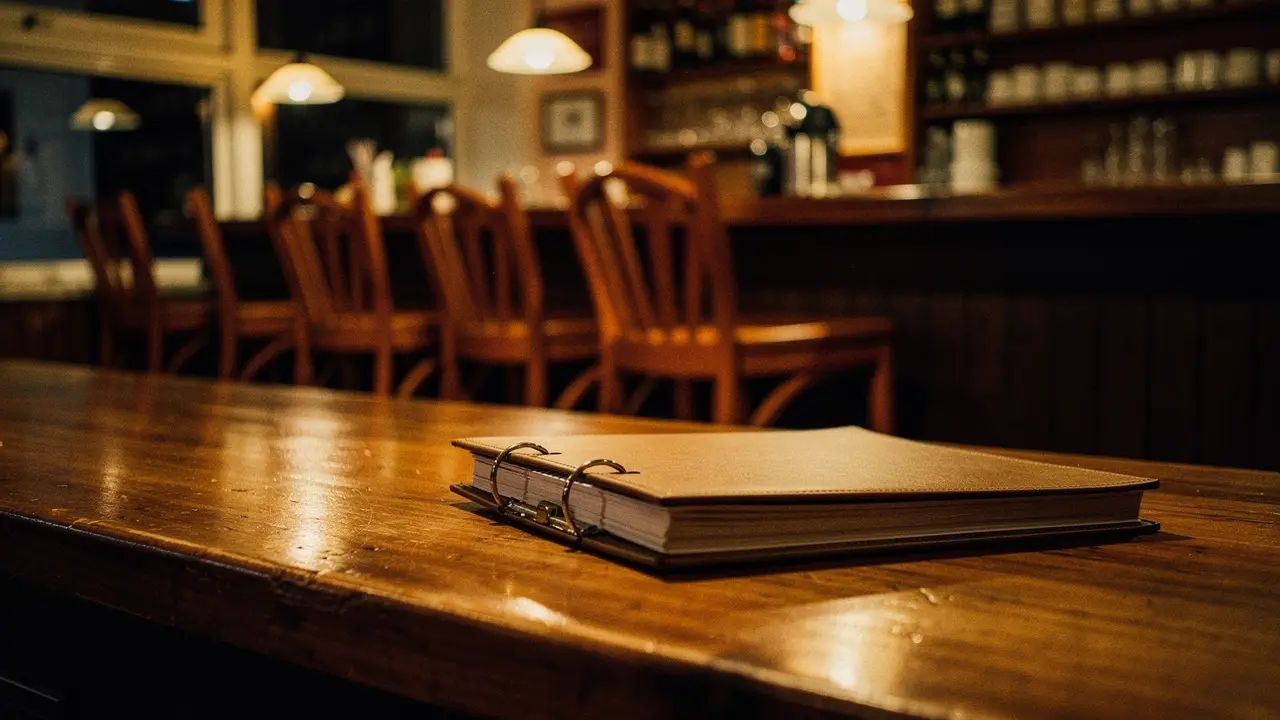 A closed ring binder on a wooden cafe counter after closing, stools upturned