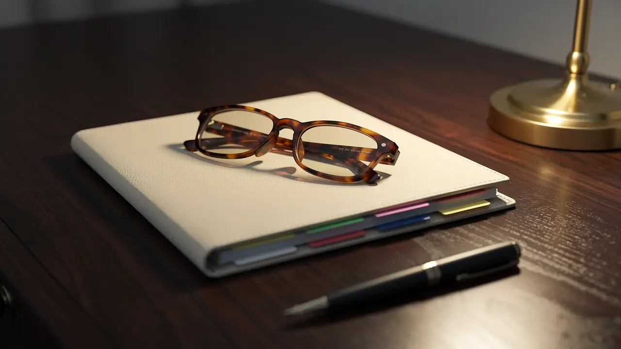 A cream document wallet with tabbed dividers, reading glasses and a fountain pen under a brass lamp