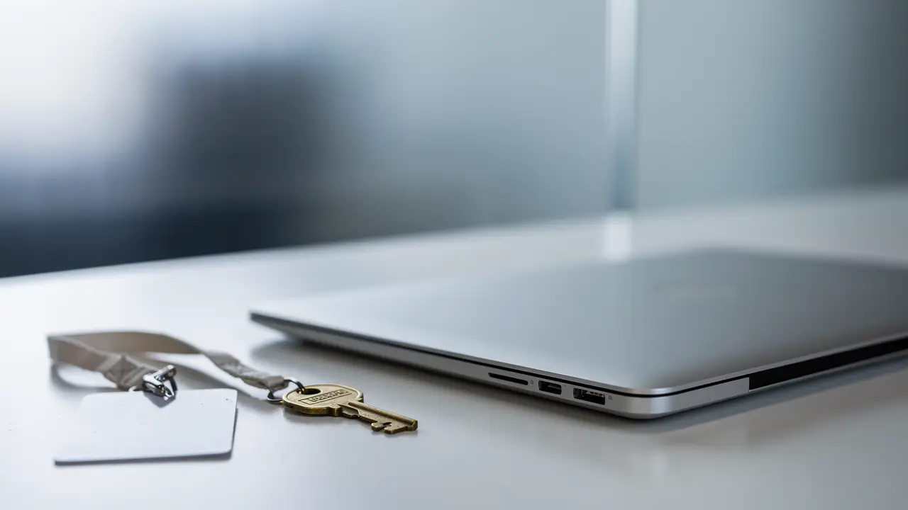 A closed laptop beside a key card on a lanyard and a brass office key